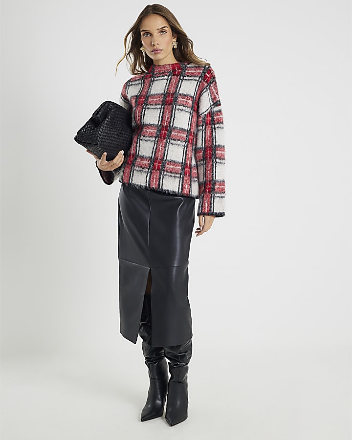 Red Long Sleeve Tartan Fluffy Jumper