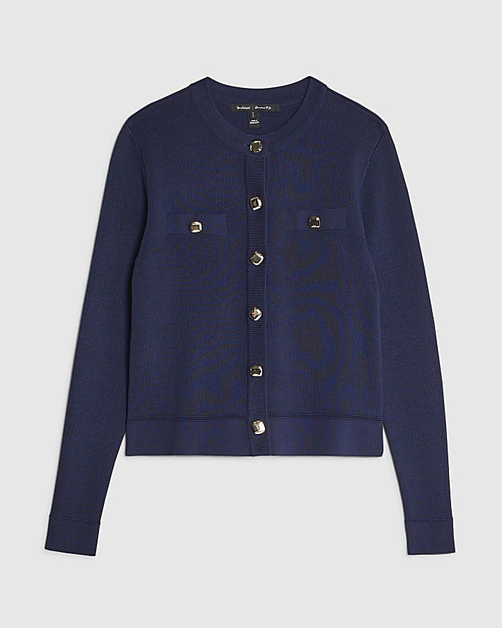 Navy Fitted Pocket Detail Cardigan