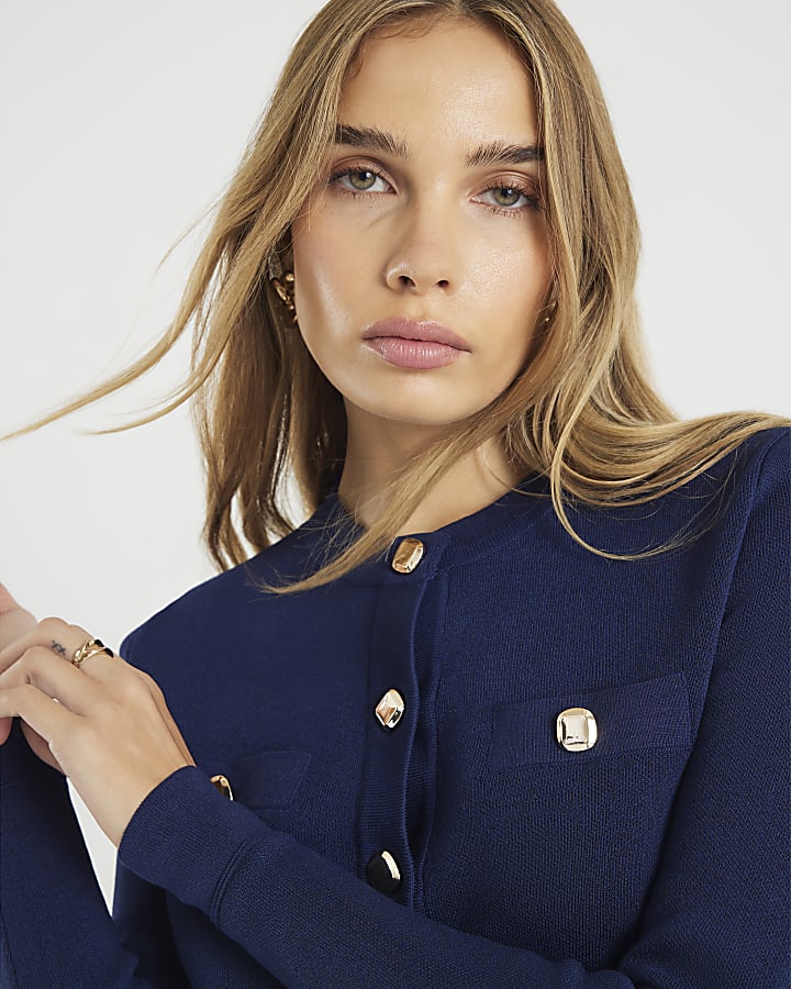 Navy Fitted Pocket Detail Cardigan