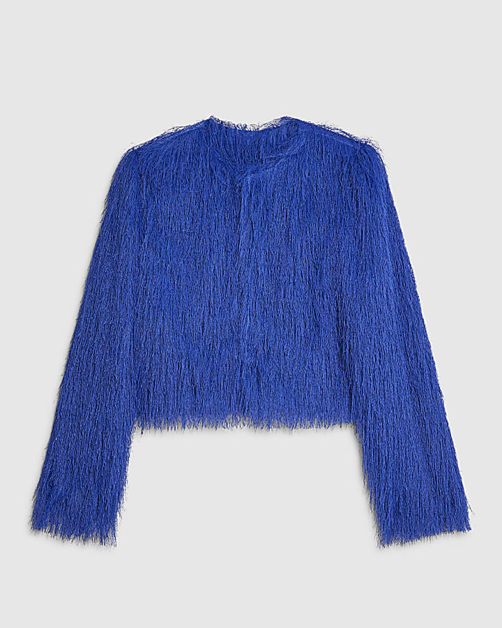 Blue Long Sleeve Fringed Cardigan