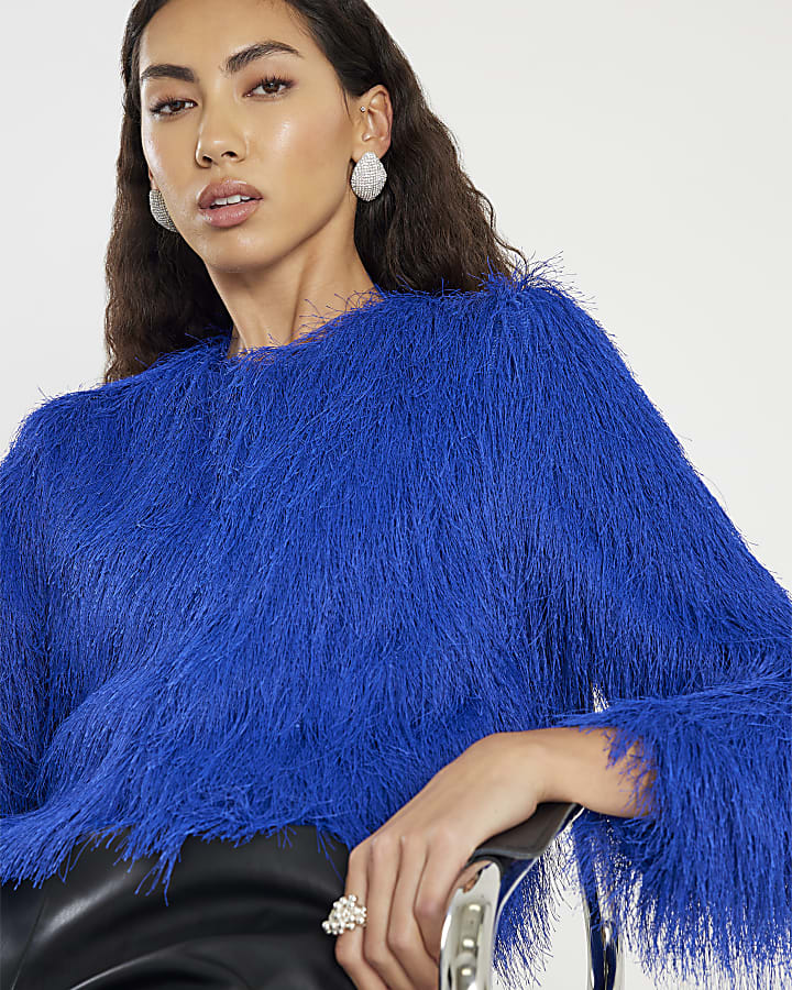 Blue Long Sleeve Fringed Cardigan