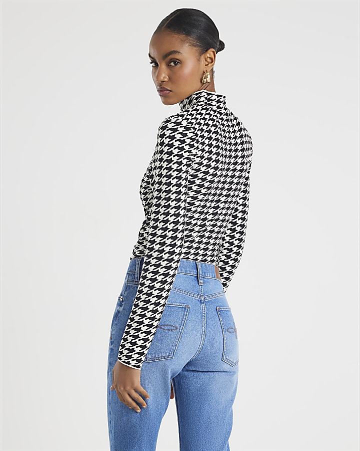 Black Knit Houndstooth High Neck Top