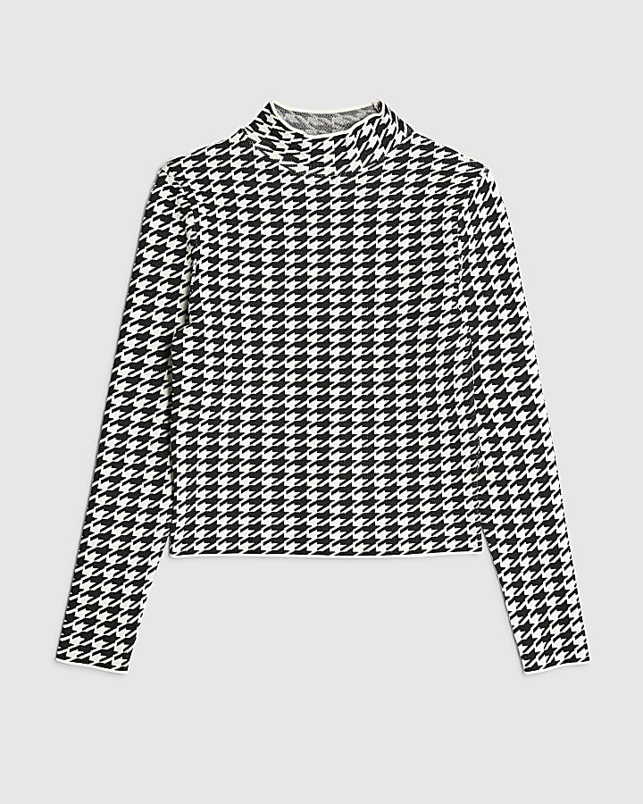Black Knit Houndstooth High Neck Top