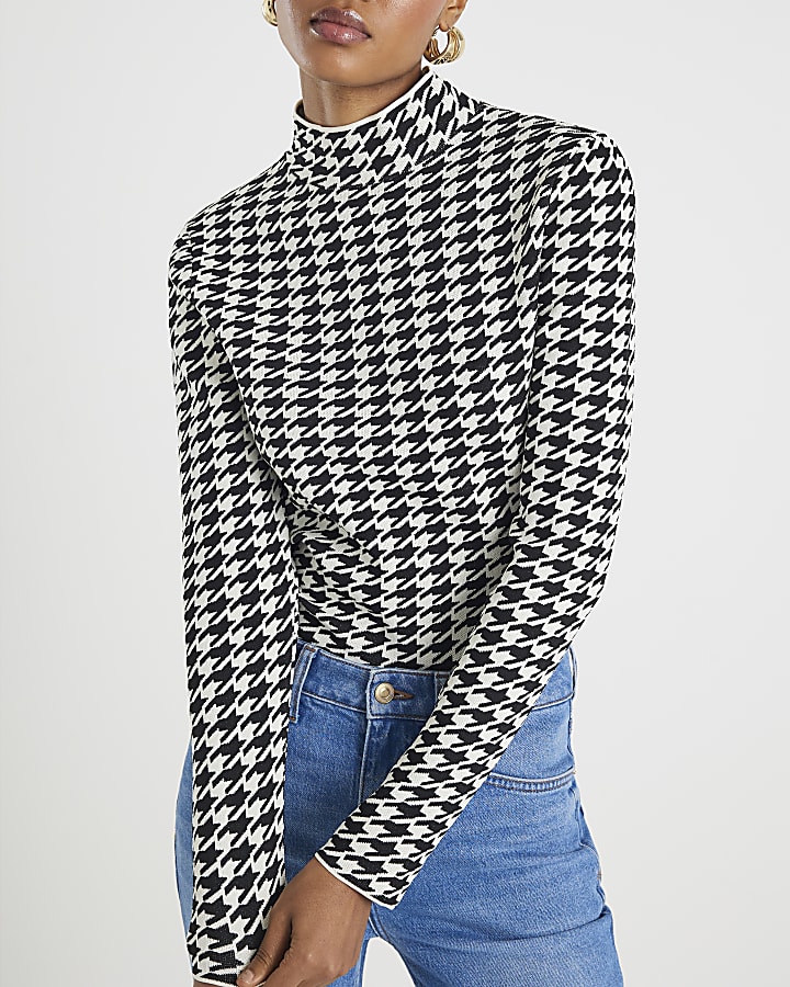 Black Knit Houndstooth High Neck Top