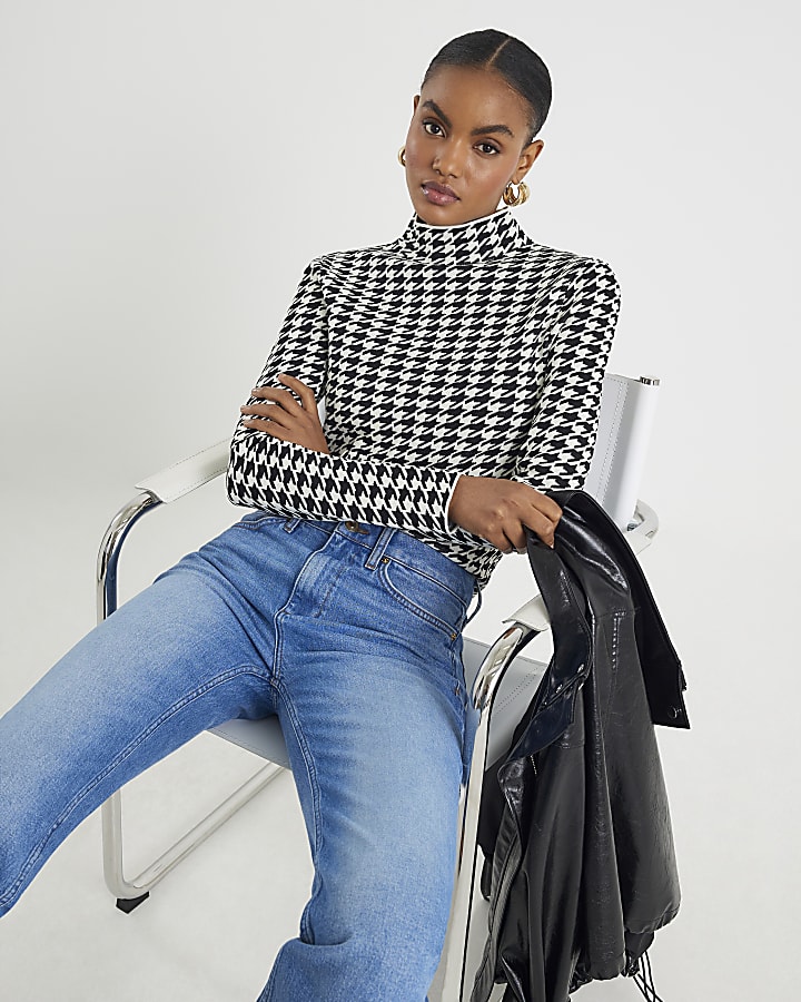 Black Knit Houndstooth High Neck Top