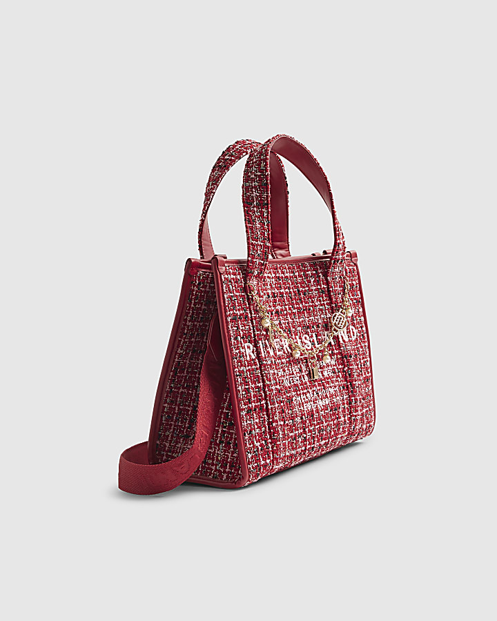Red Boucle Embroidered Tote Bag