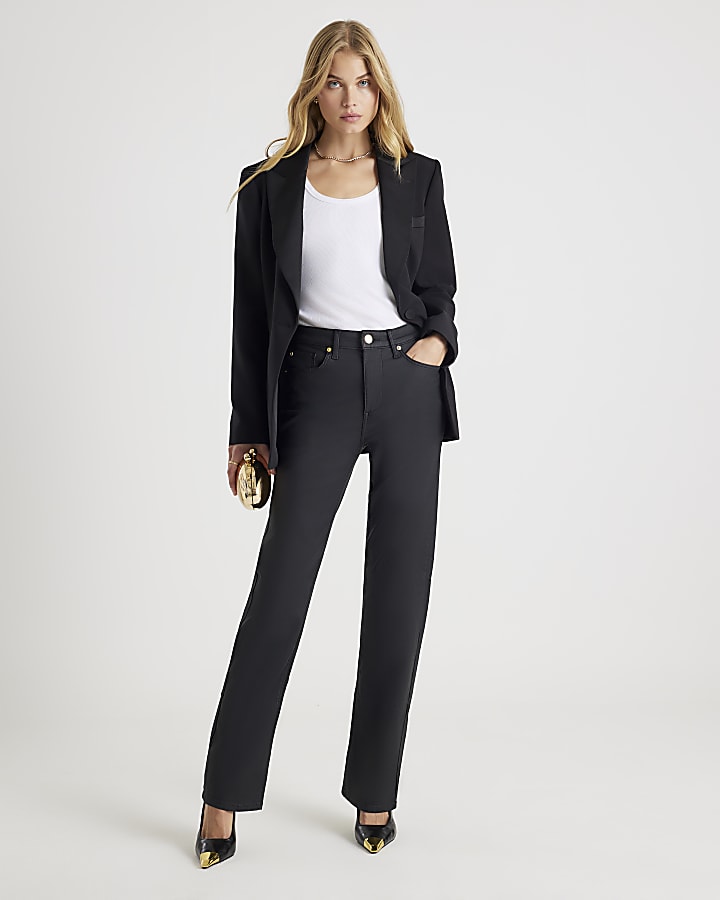 Black Coated High Rise Stretch Straight Jeans