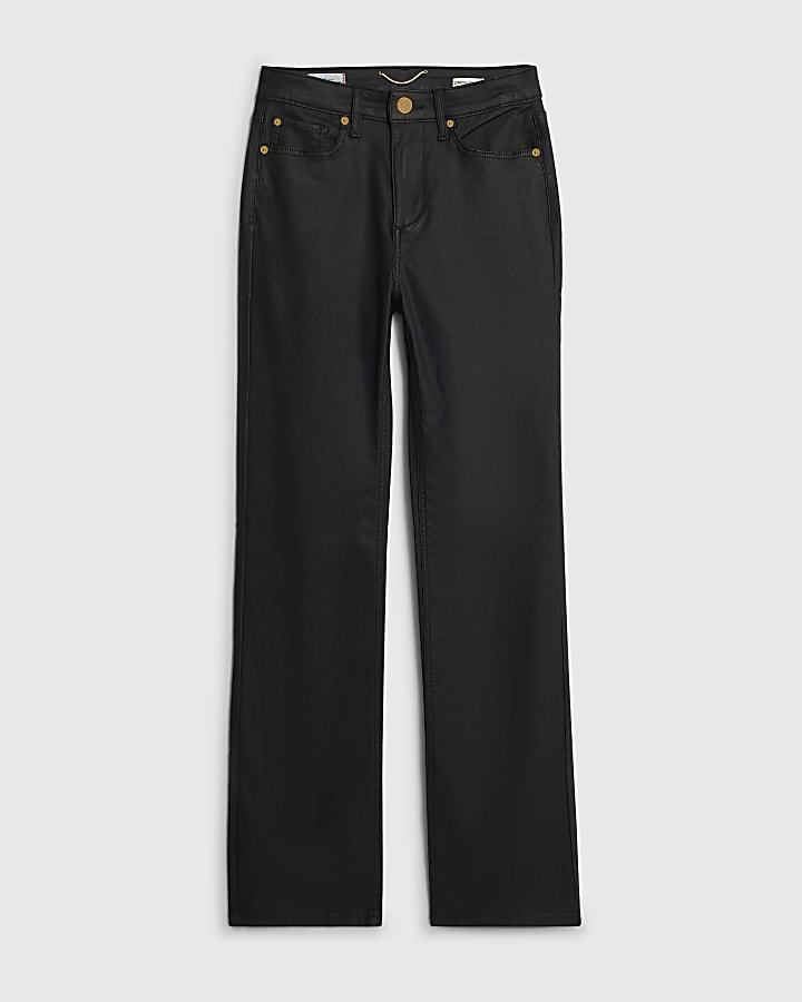 Black Coated High Rise Stretch Straight Jeans