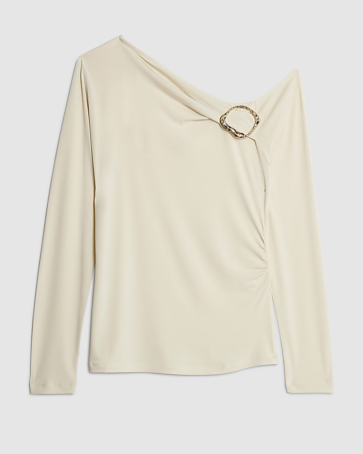 Cream Long sleeve gold Trim Drape Top