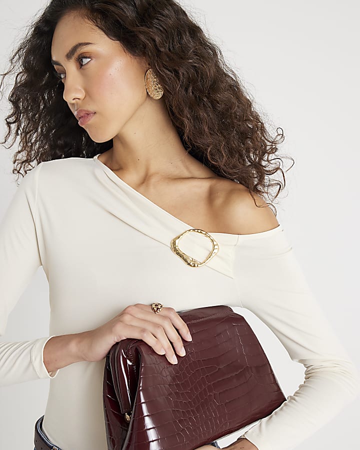 Cream Long sleeve gold Trim Drape Top