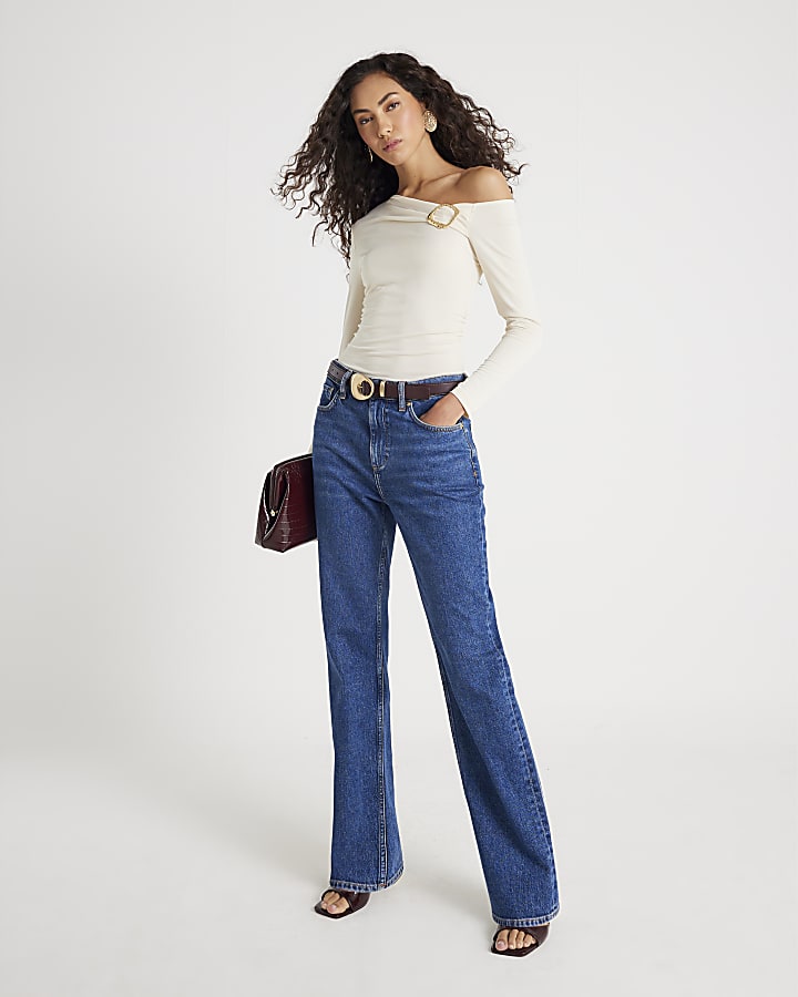 Cream Long sleeve gold Trim Drape Top