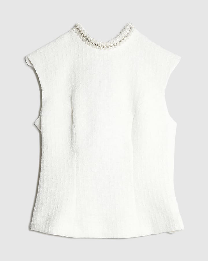 Cream Boucle Pearl Trim Bow back Top