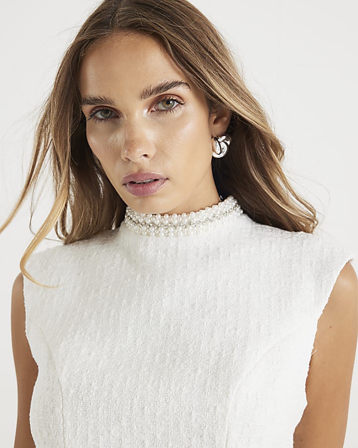Cream Boucle Pearl Trim Bow back Top