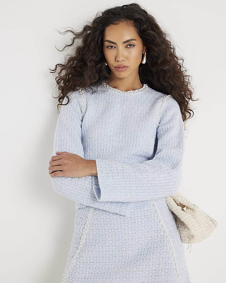 Blue Boucle Embellished Jumper