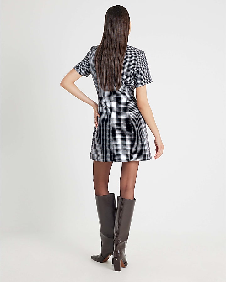 Blue Dogtooth Print Collared Mini Dress