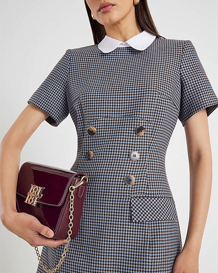 Blue Dogtooth Print Collared Mini Dress