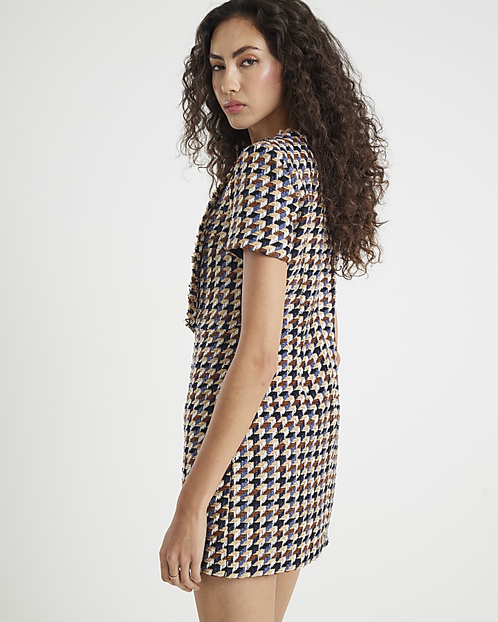 Brown Boucle Short Sleeve Check Mini Dress