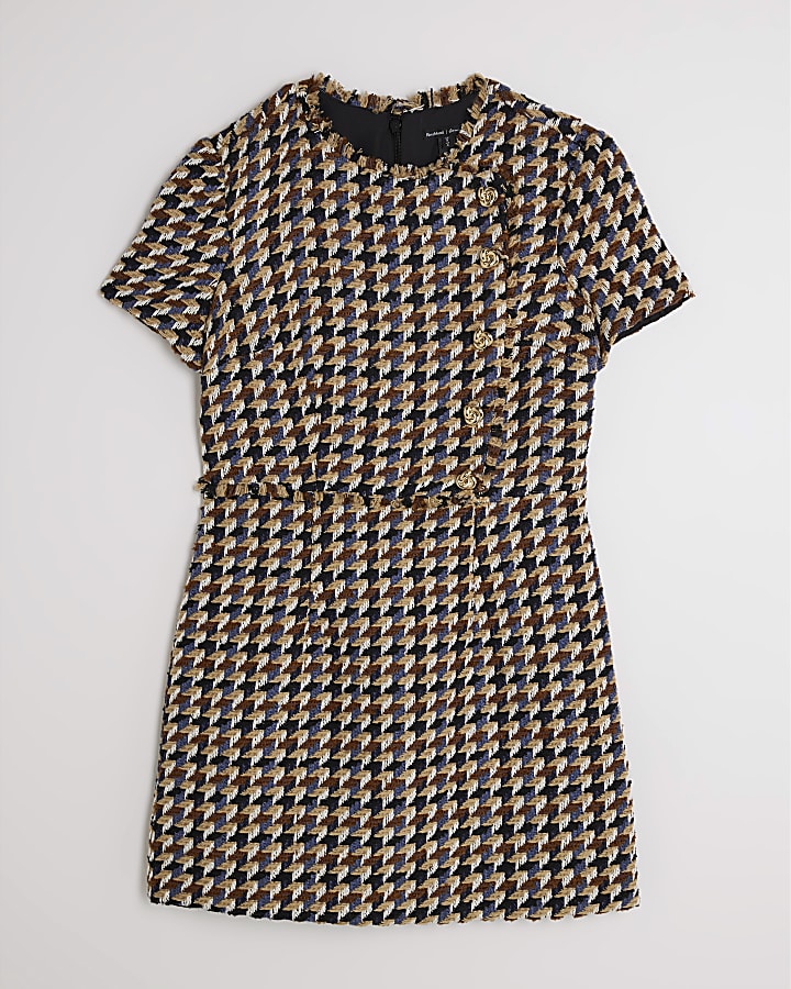 Brown Boucle Short Sleeve Check Mini Dress