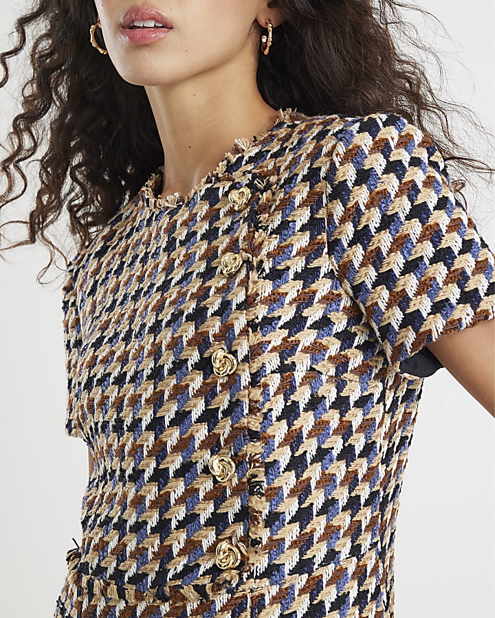 Brown Boucle Short Sleeve Check Mini Dress