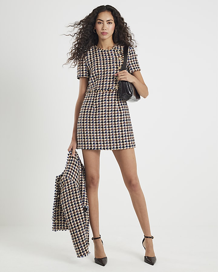 Brown Boucle Short Sleeve Check Mini Dress