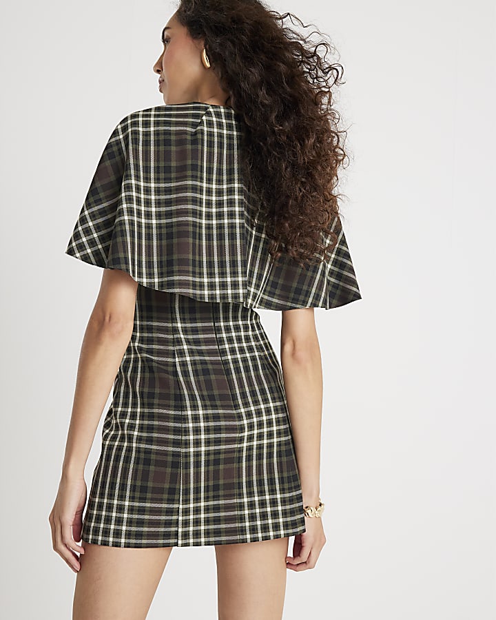 Green Check Belted Cape Mini Dress