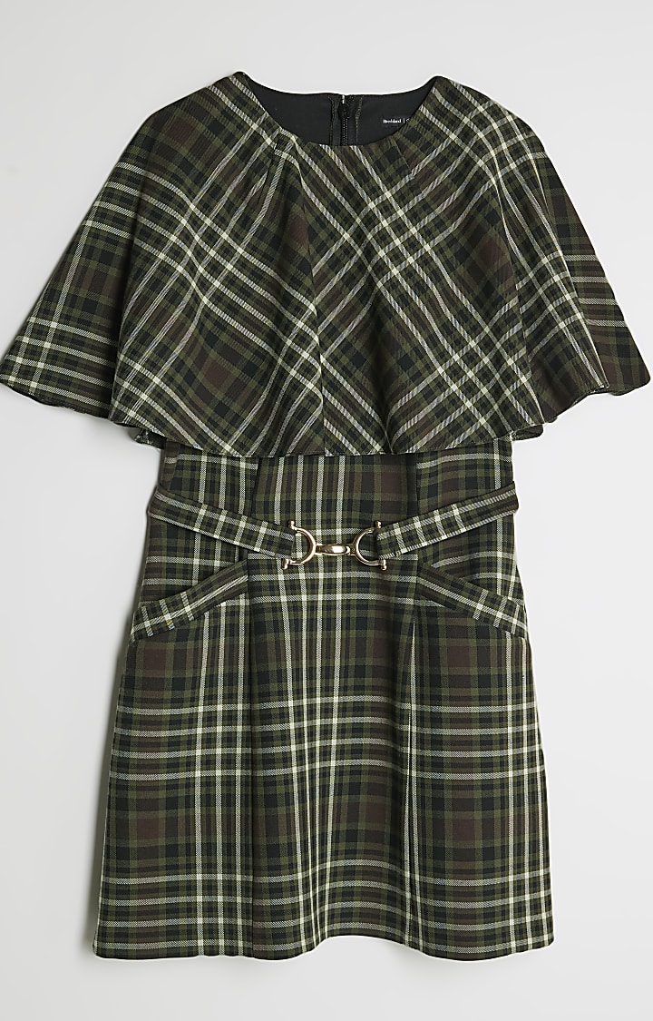 Green Check Belted Cape Mini Dress