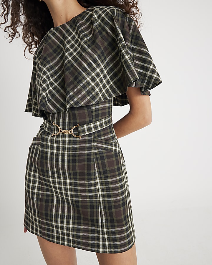 Green Check Belted Cape Mini Dress