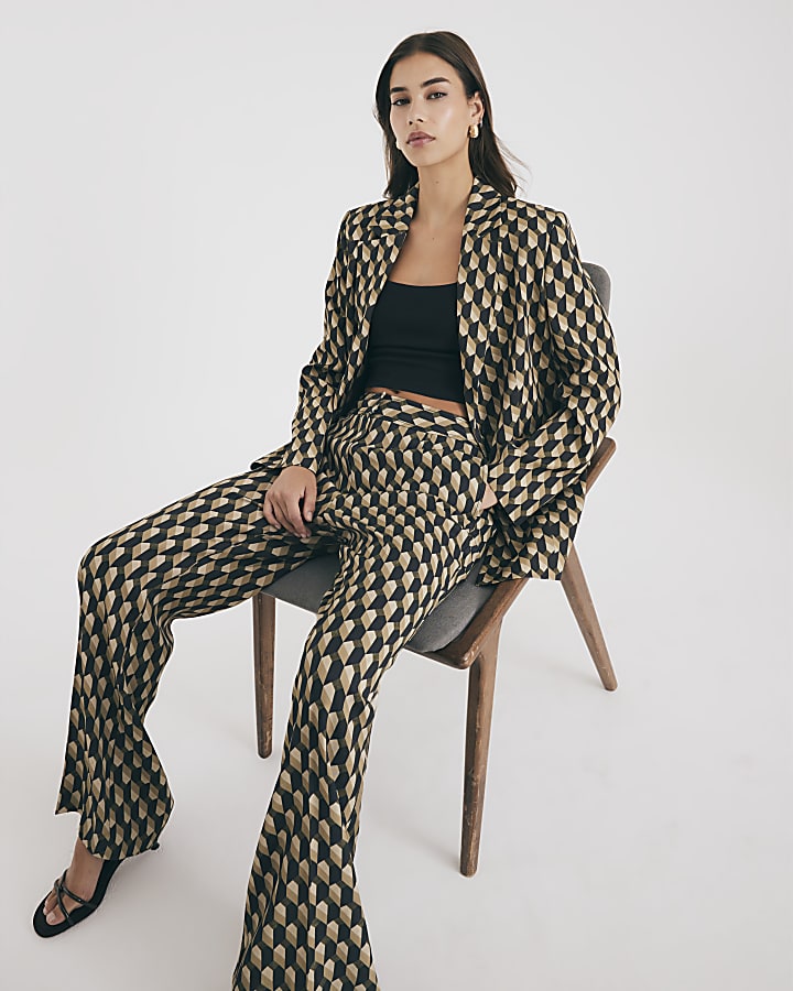 Green Geometric Skinny Flared Trousers
