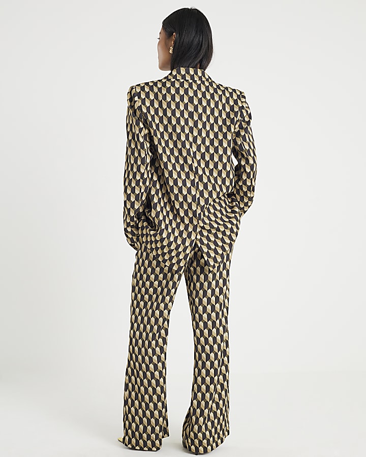 Petite Green Geometric Skinny Flared Trousers