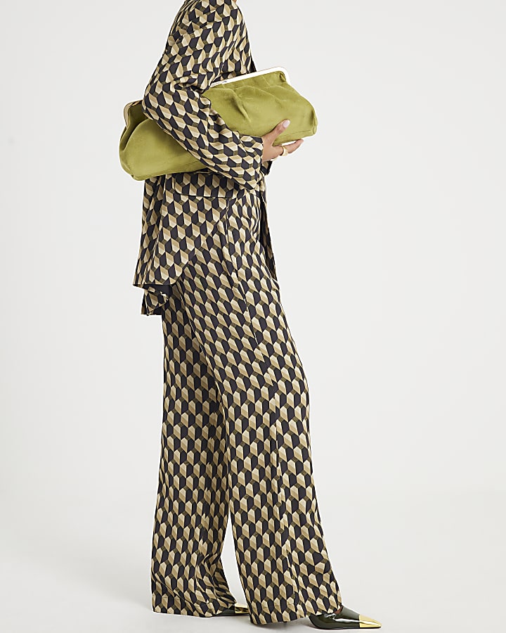 Petite Green Geometric Skinny Flared Trousers