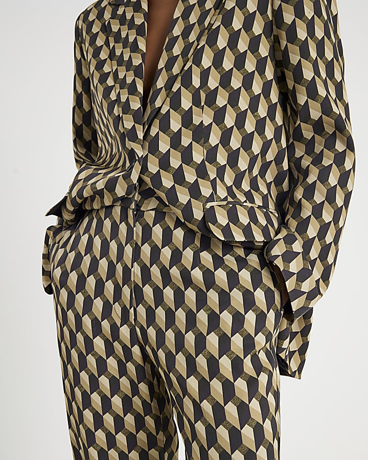 Petite Green Geometric Skinny Flared Trousers