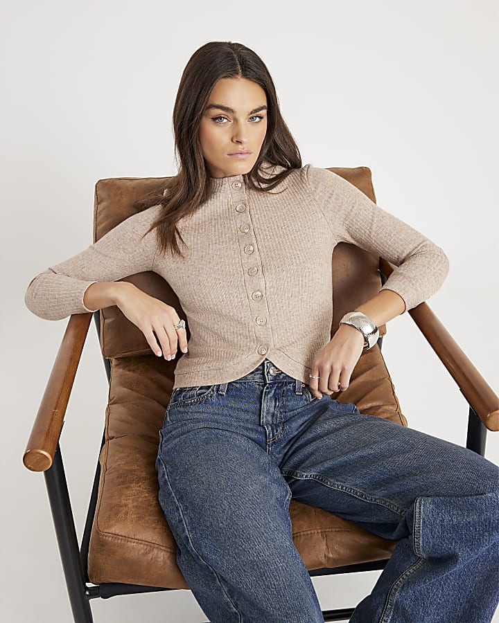 Beige Long Sleeve Curved Hem Top