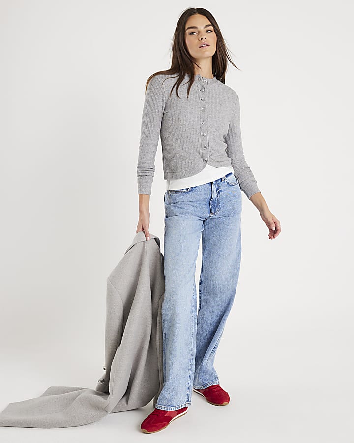 Grey Long Sleeve Curved Hem Top