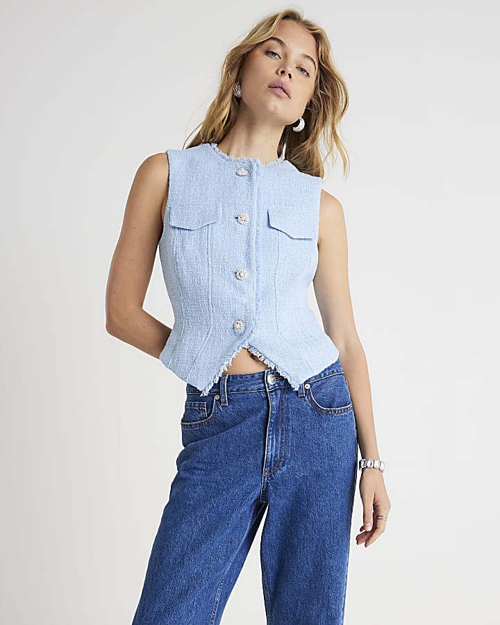 Blue Boucle Sleeveless Fringed Waistcoat