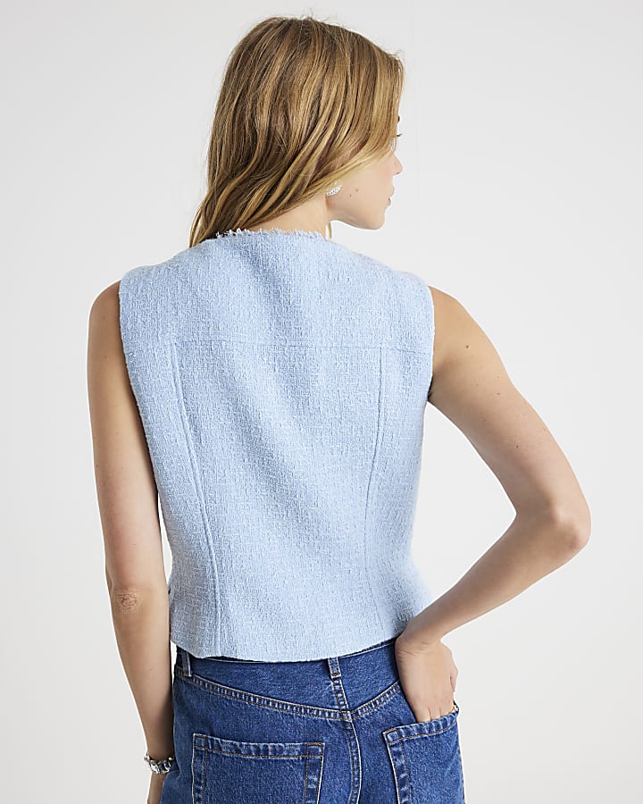 Blue Boucle Sleeveless Fringed Waistcoat