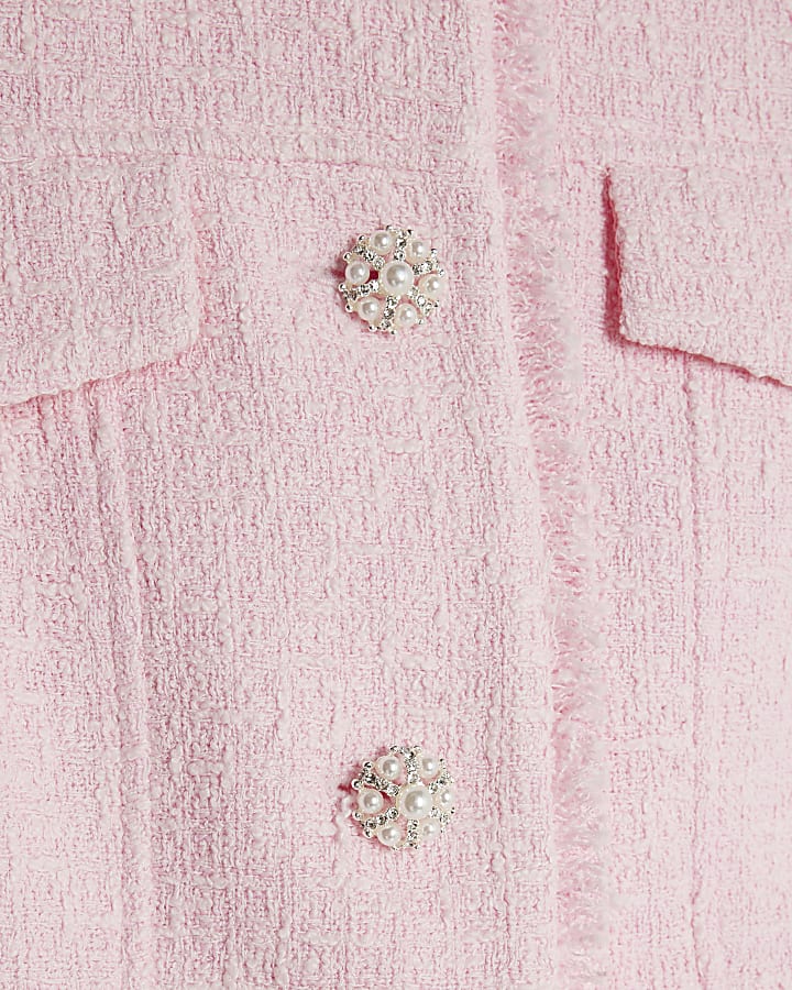 Pink Boucle Sleeveless Fringed Waistcoat