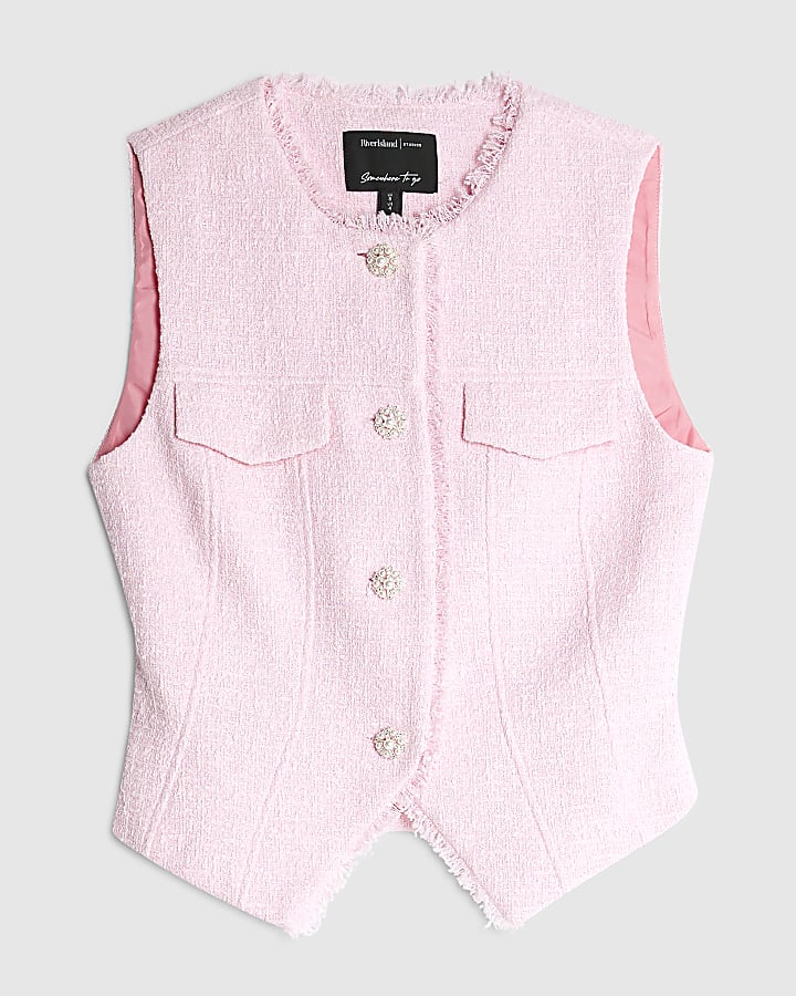 Pink Boucle Sleeveless Fringed Waistcoat