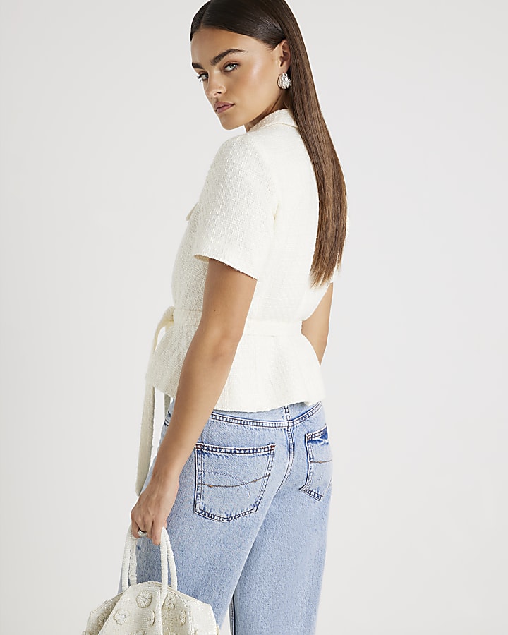 Cream Boucle Short Sleeve Collared Button Top