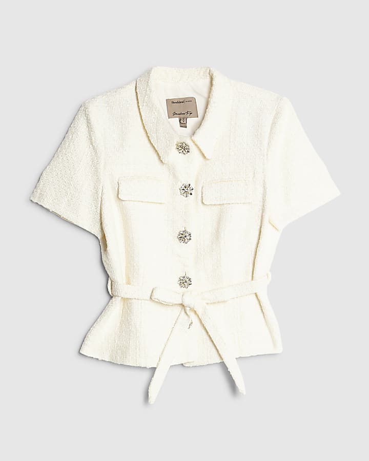 Cream Boucle Short Sleeve Collared Button Top
