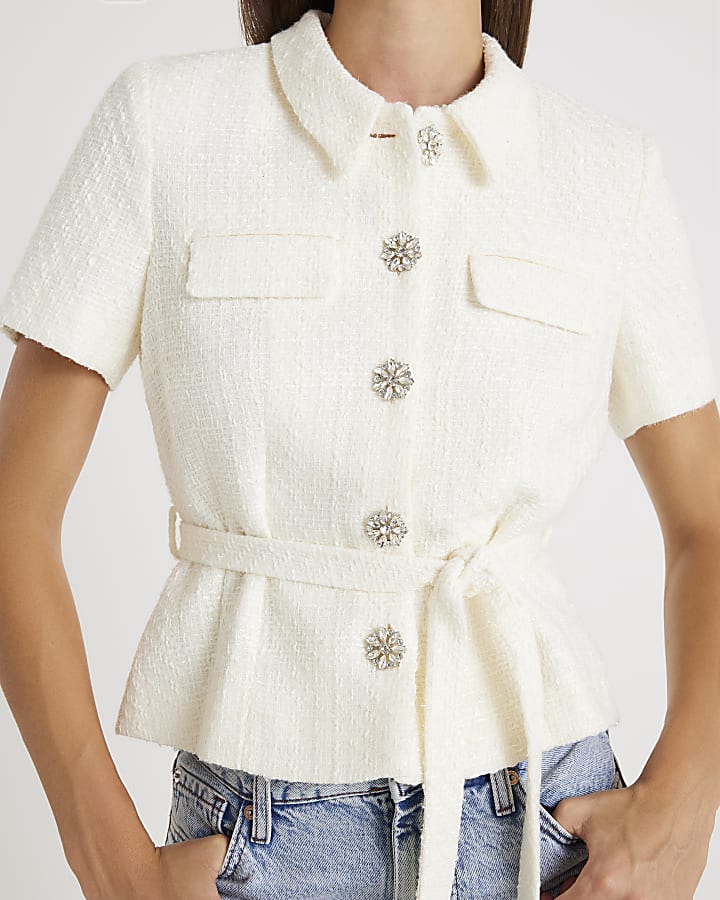 Cream Boucle Short Sleeve Collared Button Top