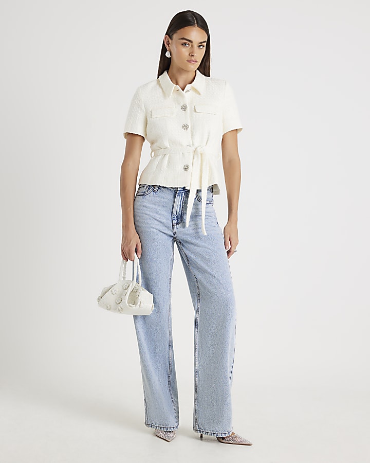 Cream Boucle Short Sleeve Collared Button Top