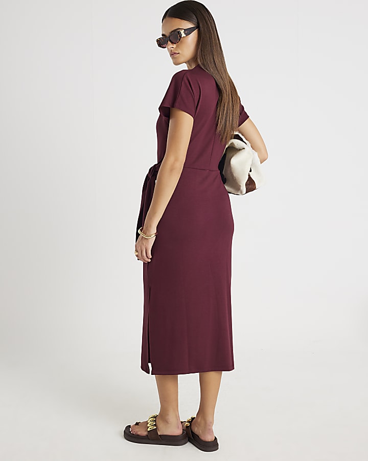 Red Premium Short Sleeve Knot Midi Dress