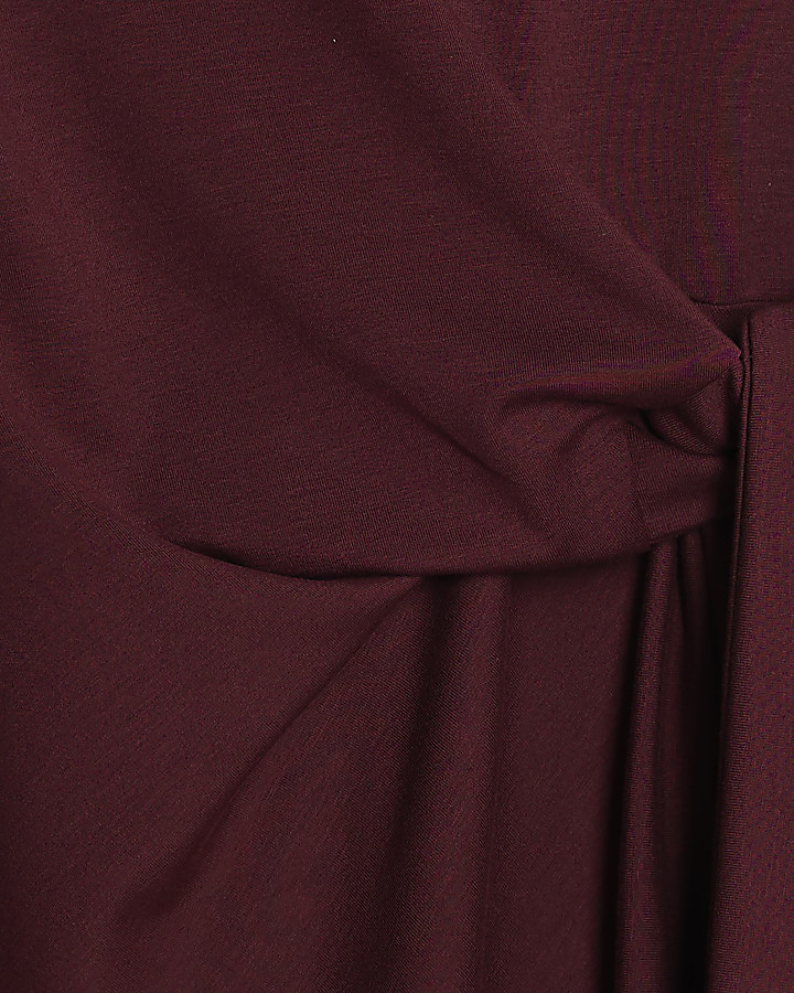Red Premium Short Sleeve Knot Midi Dress