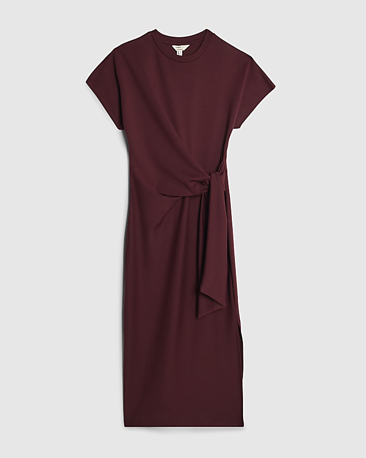 Red Premium Short Sleeve Knot Midi Dress