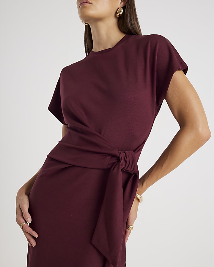 Red Premium Short Sleeve Knot Midi Dress