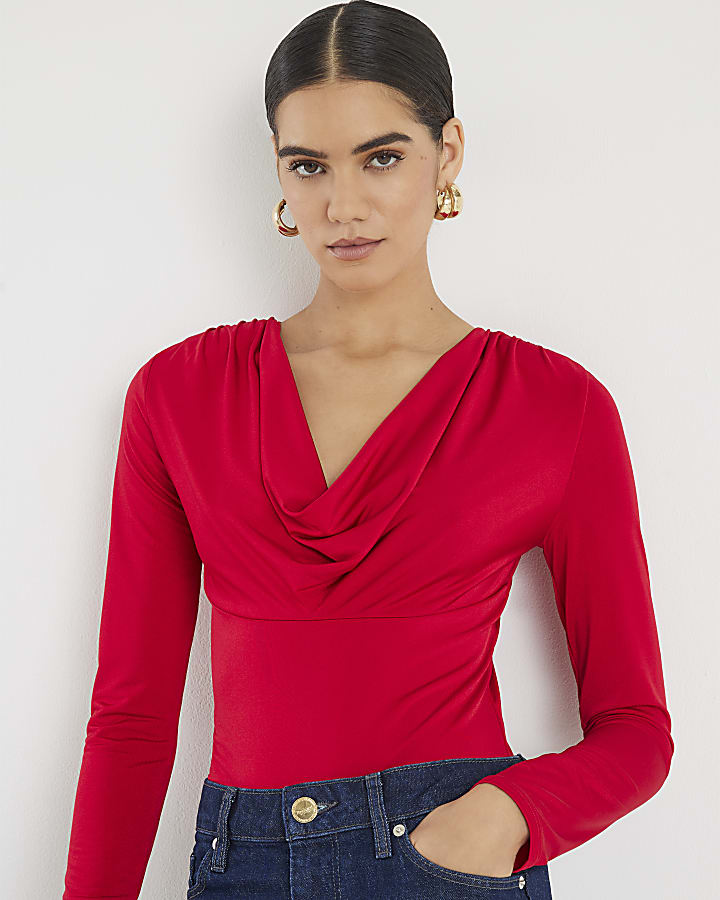 Red Cowl Neck Bodysuit