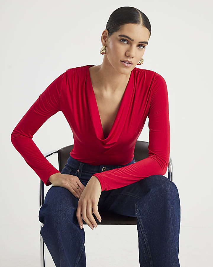 Red Cowl Neck Bodysuit