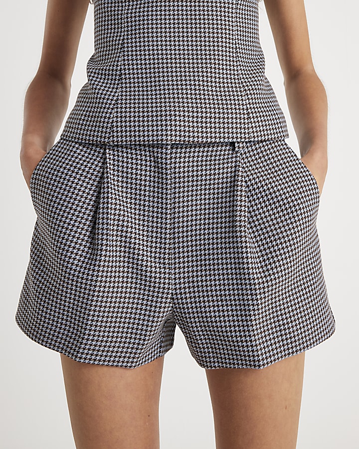 Blue Dogtooth Print Tailored Shorts