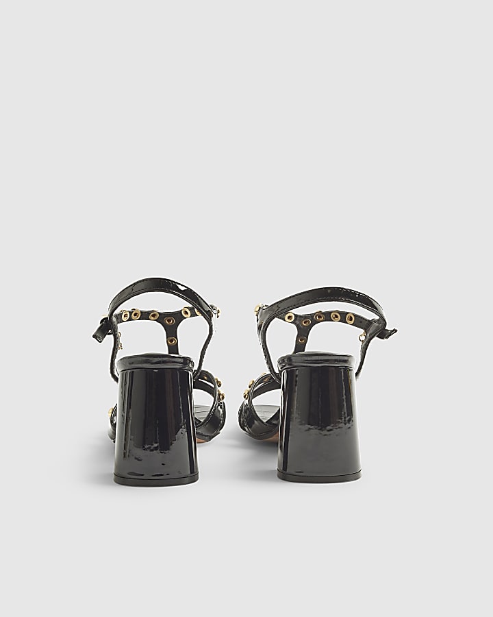 Black Studded T Bar Block Heel Sandals