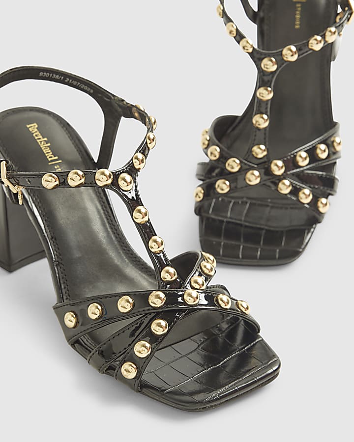 Black Studded T Bar Block Heel Sandals